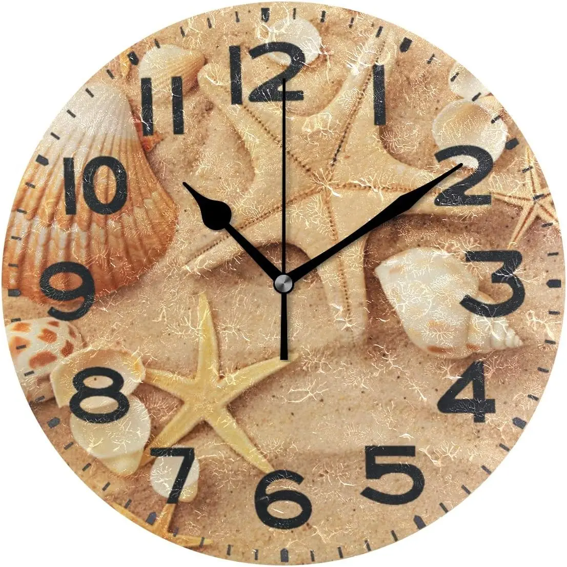 3D Beautiful Summer Beach Starfish Sea Shell in Sand Round Wall Clock, 9.5 Inch Battery Operated Quartz Analog Quiet Desk