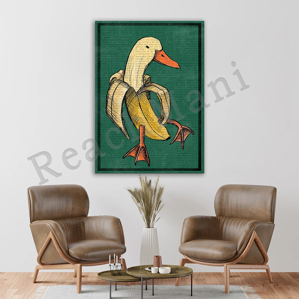 Banana duck poster, anthropomorphic art, vintage book page art, gift for animal lovers, fruit wall art decoration