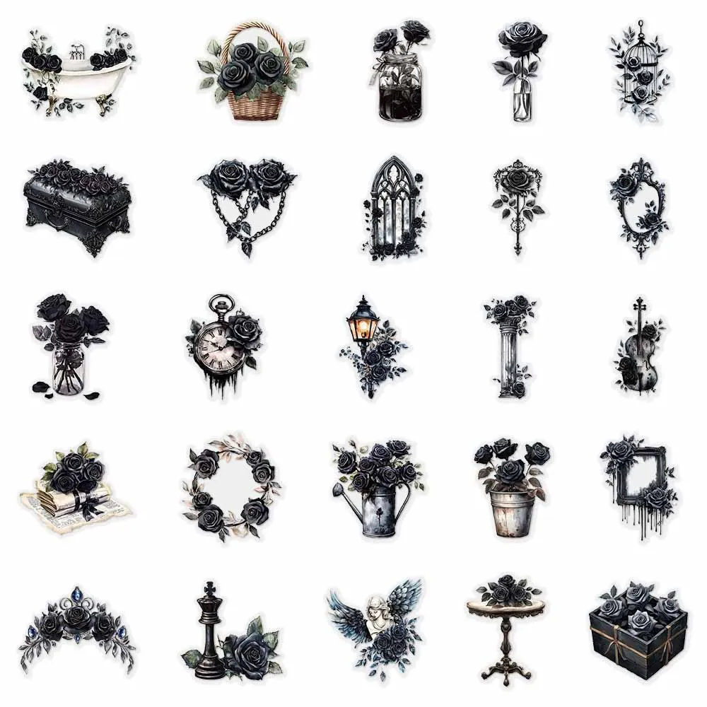 10/30/50PCS Black Rose Dark Series Cartoon Stickers DIY Decoration PVC Waterproof Skateboard Notebook Graffiti Toys