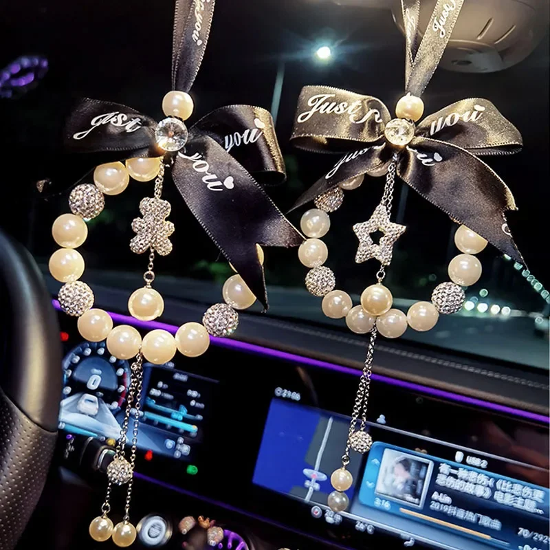 Pearl Diamond Car Pendant Star Bear Rearview Mirror Hanging Decoration Accessories For Girls Lady Car Jewelry Romantic Ornament