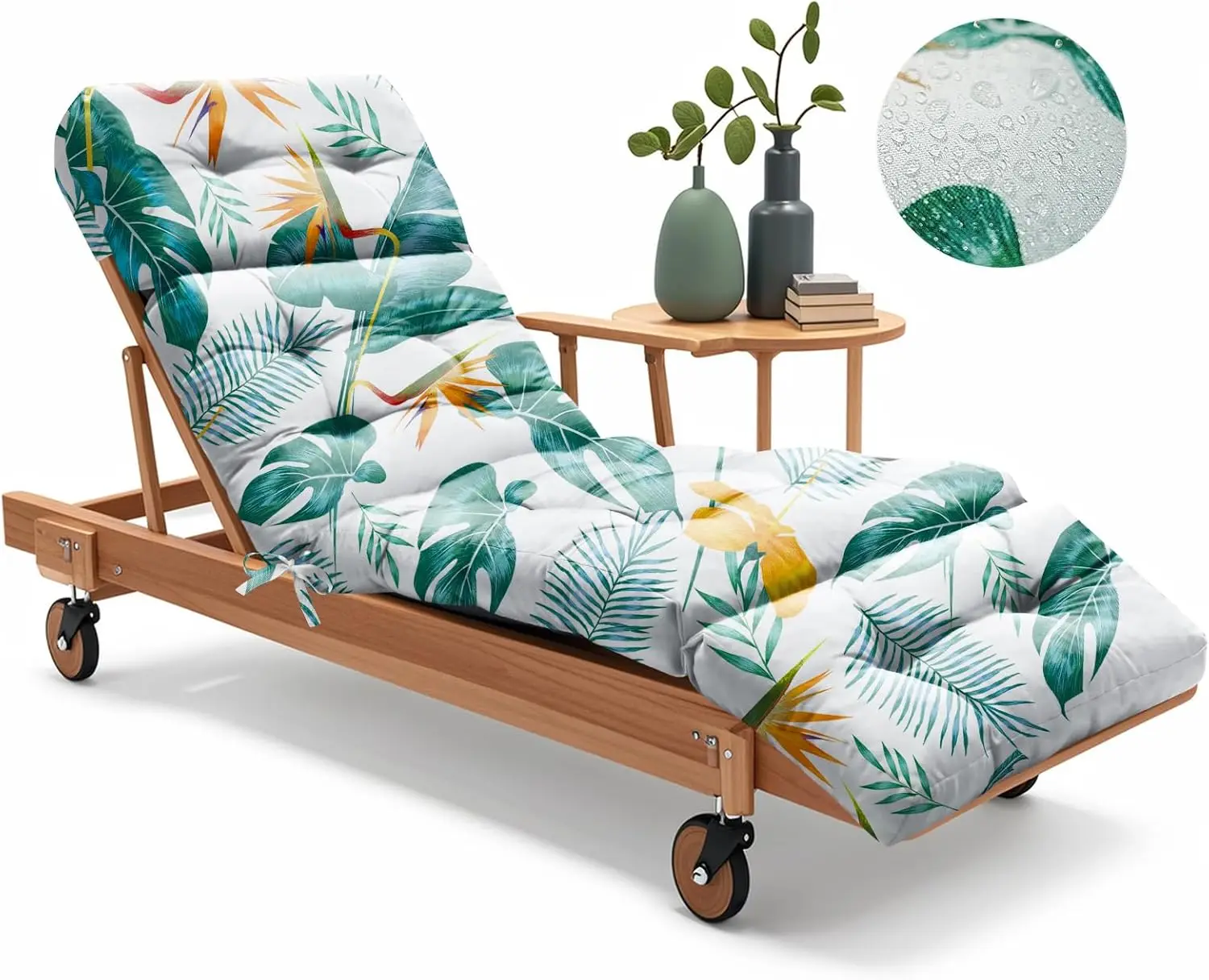 

75x23x4.7 Inch Outdoor Chaise Lounge Chair Cushion, Waterproof Patio Pool Cushion with Ties, Yellow-Green Leaf