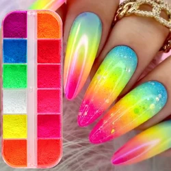12 Grids Colorful Neon Powder Fluorescent Pigment Nail Glitter Charm DIY Nails Art Decorations Pigment Dust Manicure Drawing