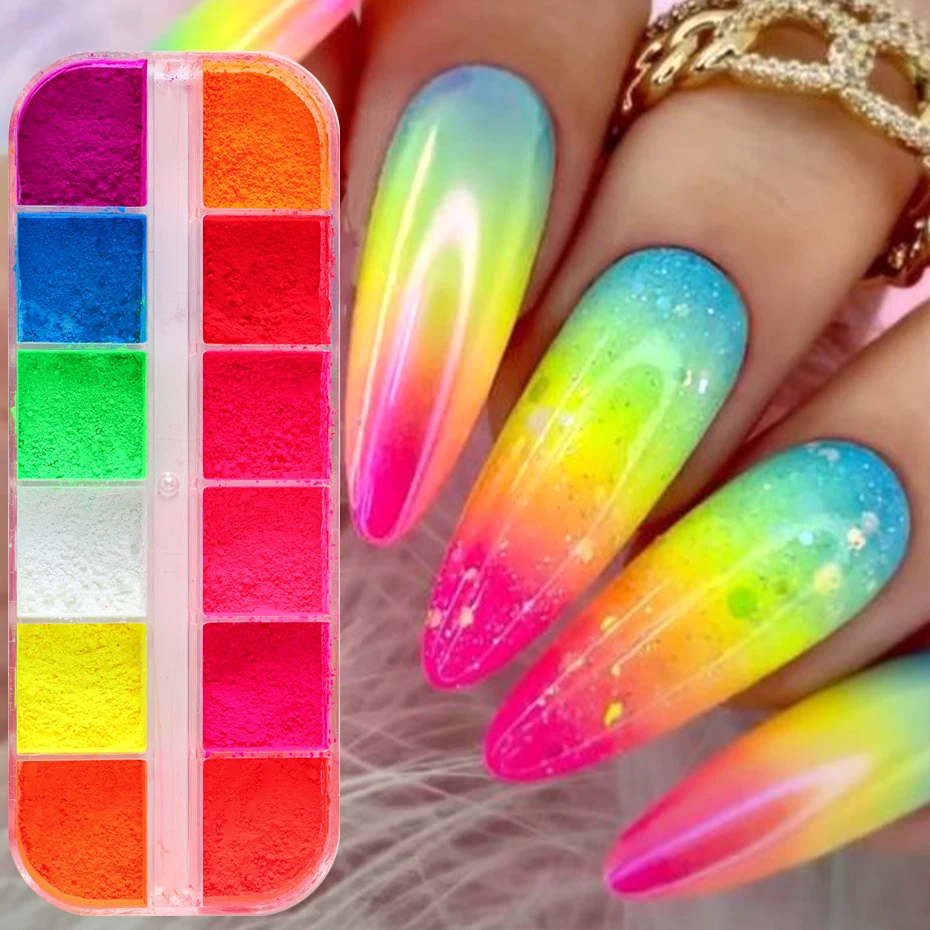 12 siatek kolorowy neonowy proszek fluorescencyjny Pigment brokat do paznokci urok DIY paznokcie artystyczne dekoracje Pigment pył Manicure rysunek