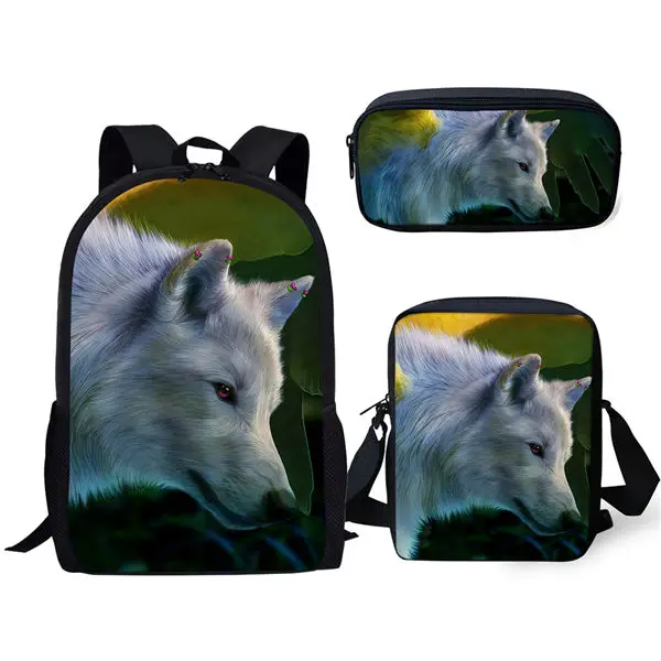 Fantasy Moon Wolf 3D Print School Bags, mochila para alunos, mochila de ombro inclinado, estojo para lápis, moda, laptop, 3 peças por conjunto