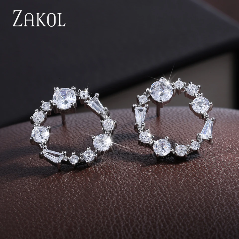 ZAKOL Fashion Hollow Circle Stud Earrings for Women Girls Sparkling Zircon Ear Accessories Exquisite Birthday Jewelry Gift