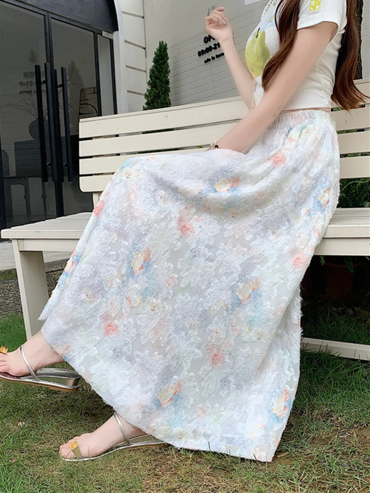 Zoki ผู้หญิงดอกไม้หวานกระโปรงยาวสบายๆเอวสูงหลวมกระโปรงเกาหลีคุณภาพสูง Lady แฟชั่นชุดบอลกระโปรงยาว