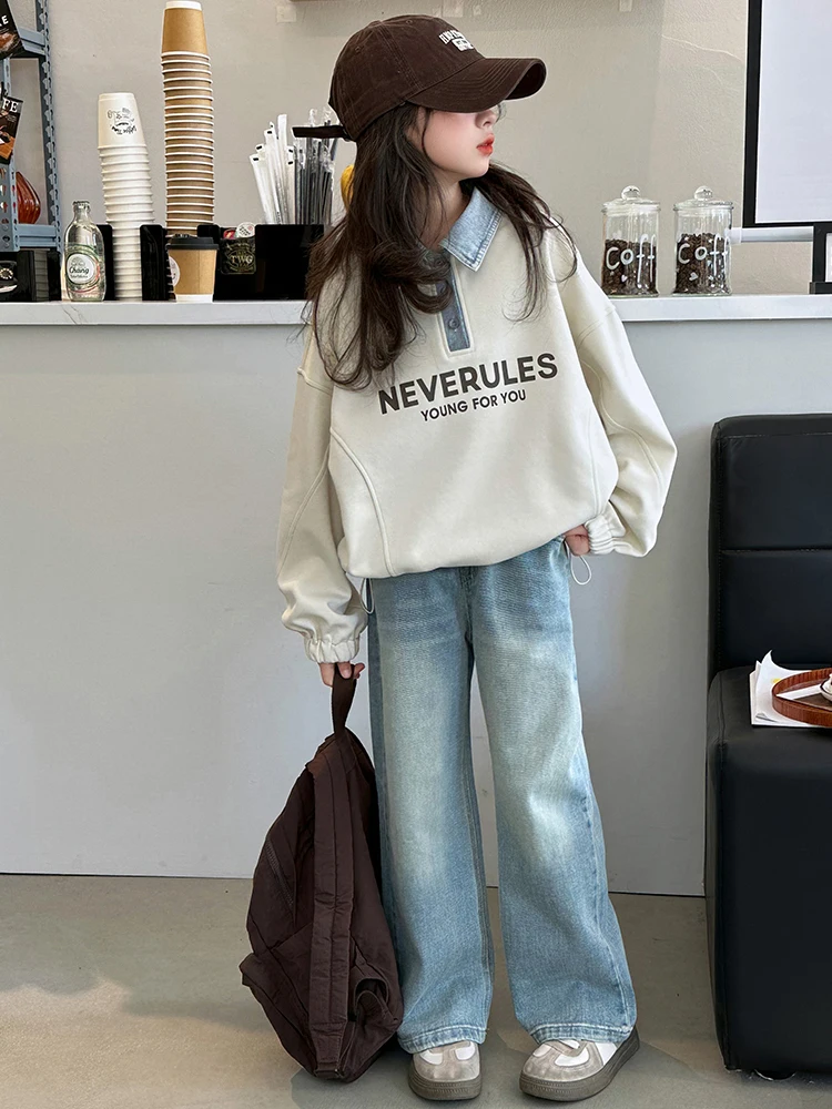 Frühlings-lässiges, faionable Mädchen-Zweiteiler-Set aus Baumwolle mit langen Ärmeln, Sweatshirt und Jeans für kleine Mädchen ab 7 Jahren