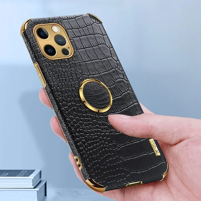 Luxury Crocodile Leather Case for IPhone 16 Plus Pro Max 15 14 13 5G PU+TPU Shockproof Magnetic Ring Holder Phone Soft Cover