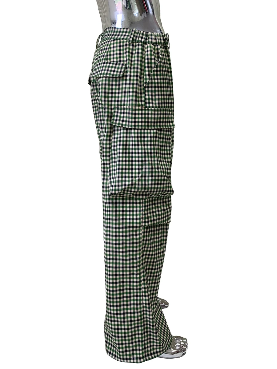 Spring Autumn Colorful Green Plaid Wide Leg Cargo Pants for Mens Three-dimensional Pockets Chic Luxury Designer Emo Clothes 2025