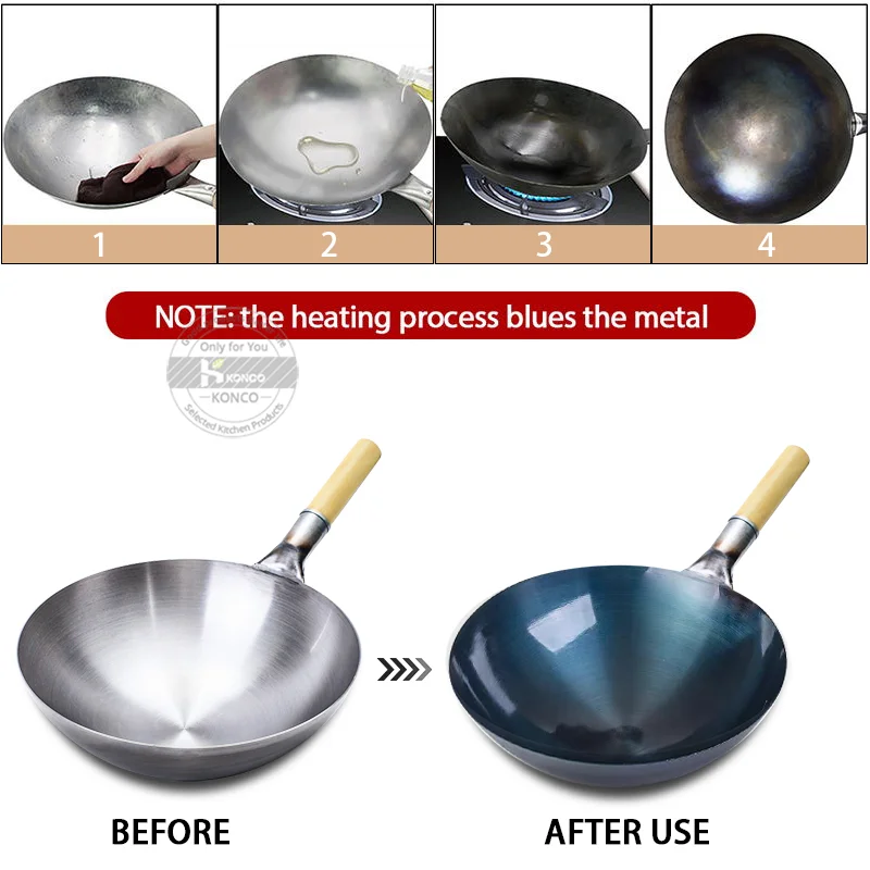 32/34/36cm Iron Wok Chinese Traditional Handmade Large Wok Household Cooking Pot Wooden Handle Wok Kitchen Cookware