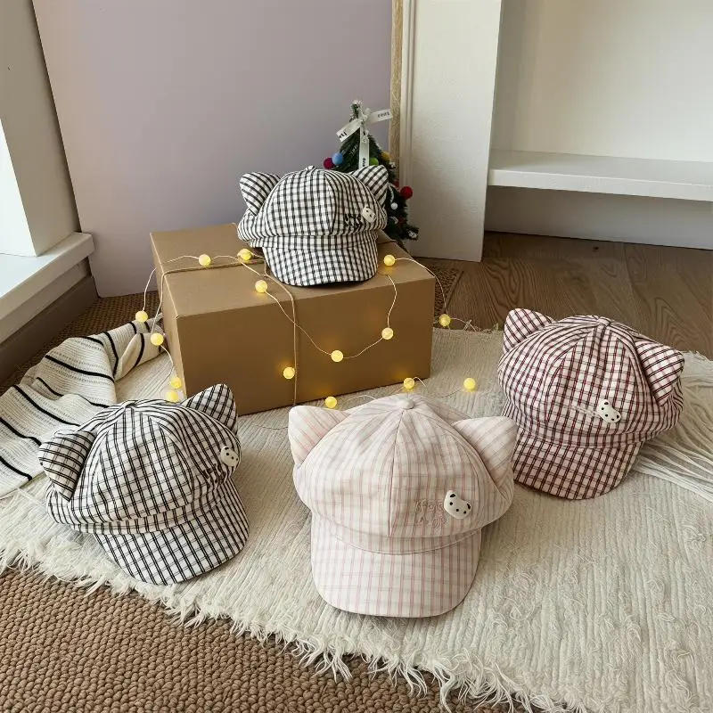 Cute Bear Plaid Ear Octagonal Hat Women Spring Summer Thin Sweet Face Slimming Beret Hat