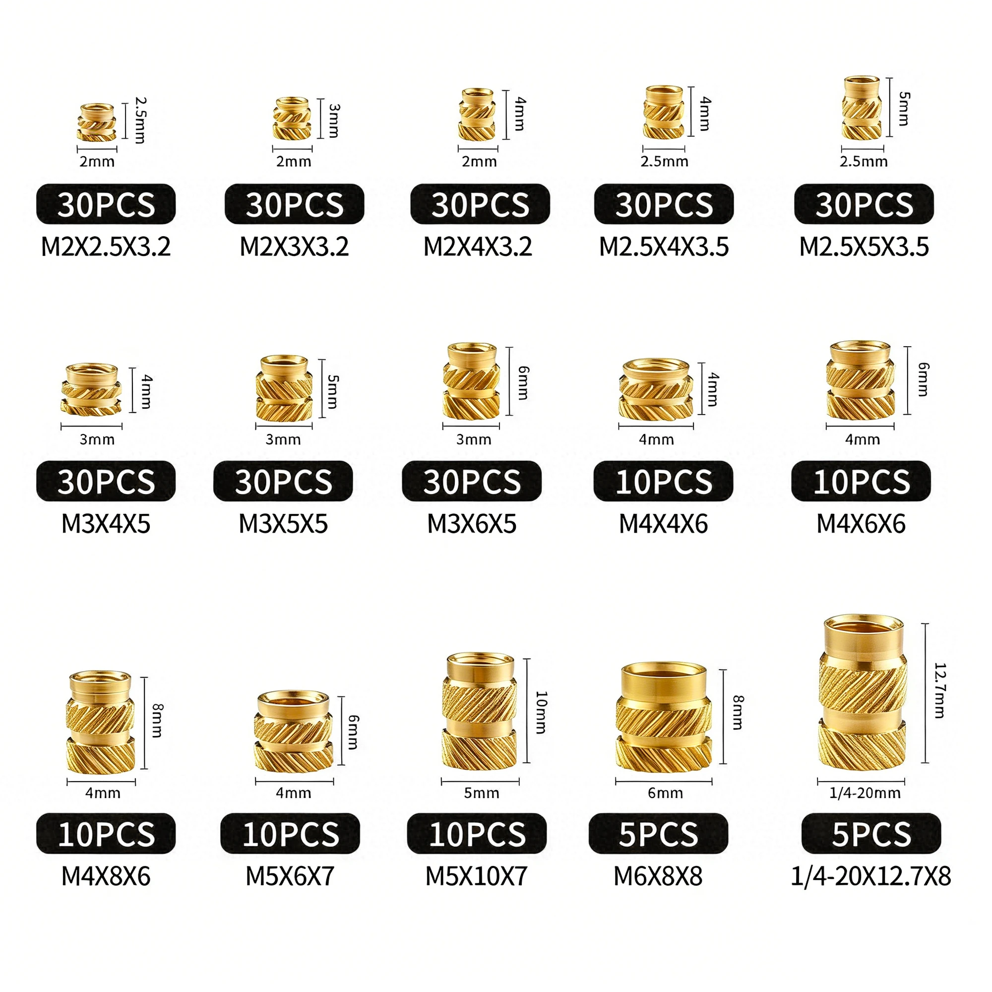 300PCS M2 M2.5 M3 M4 M5 M6 Brass Heat Set Insert Kit, Knurled Threaded Nuts, Compatible with 3D Printing & Plastic Parts