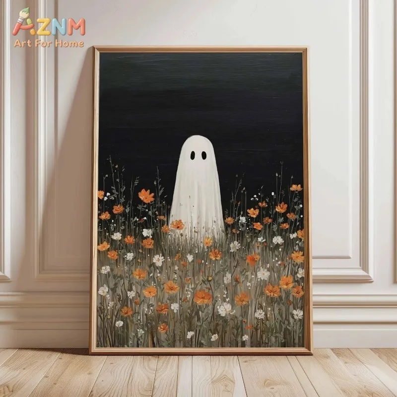 AZNM Cute Ghost Wildflower Field Canvas Wall Art Dark Background Vintage Oil Painting Halloween Autumn Floral Home Decor Unframe