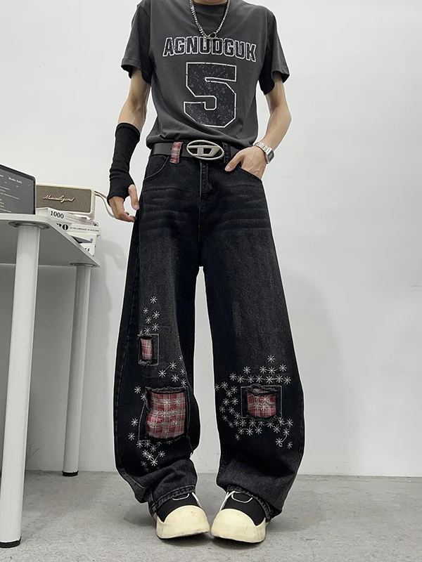 

Мужские джинсы в стиле ретро с американским клетчатым узором, прямые, модные, в уличном стиле, свободные, с эффектом премиум-класса, широкие штанины...