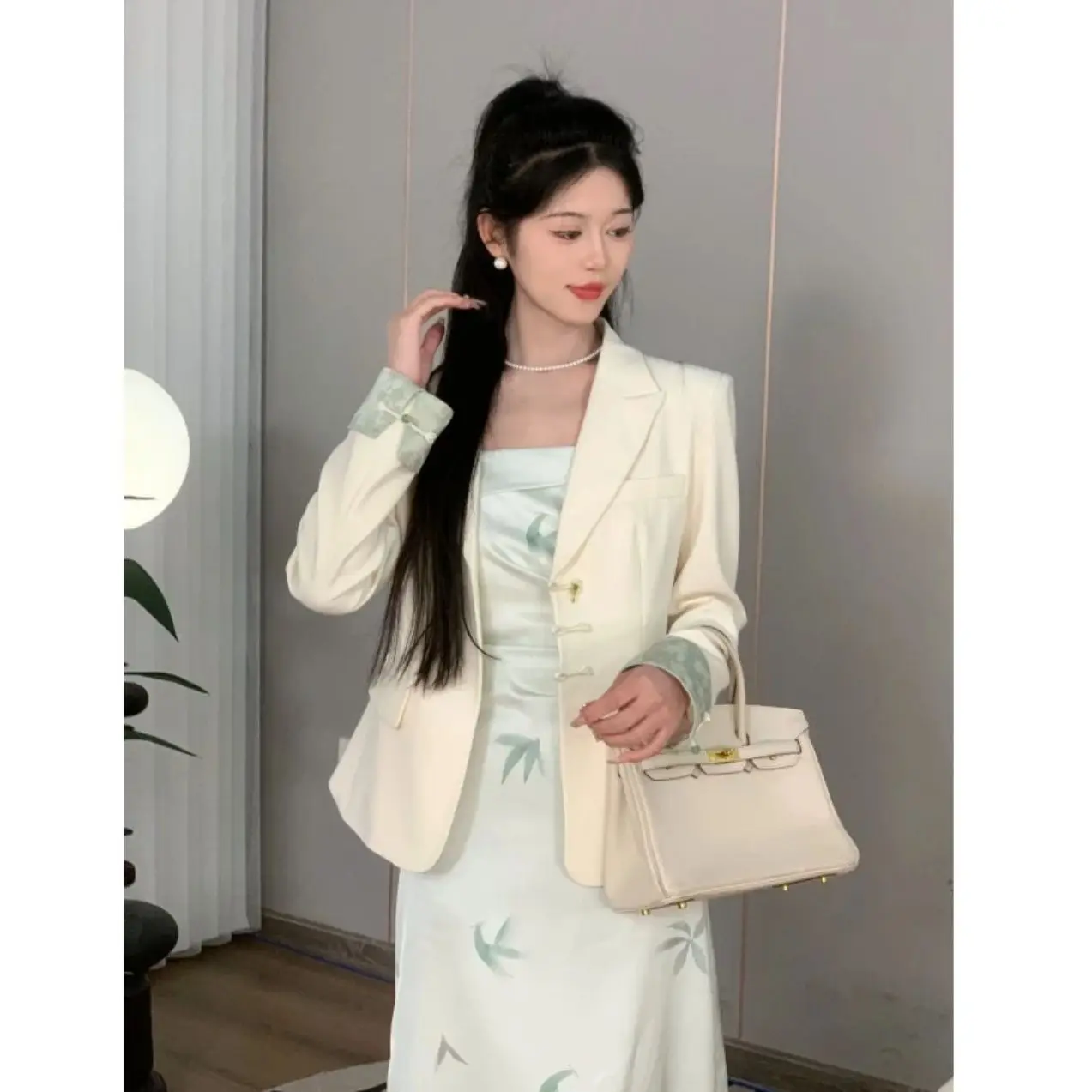 4-B9  Moonlight White Tea 2024 Spring New Chinese Temperament Fashion Women\'s S White Suit Jacket