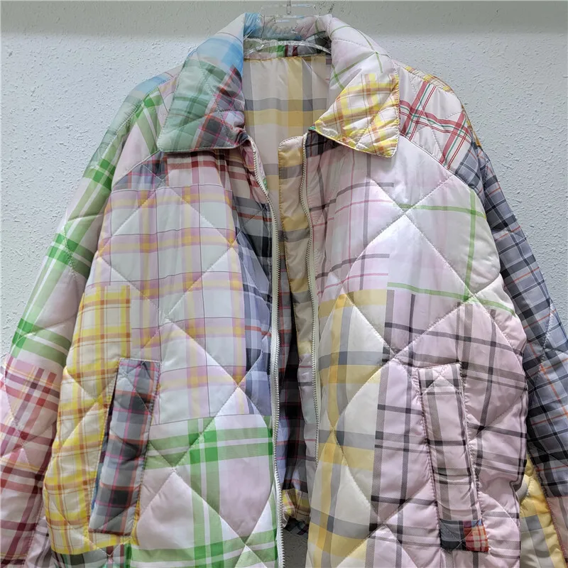 DEAT Płaszcz damski Patchwork Plaid Contrast Color Printed Cotton-padded Grube kurtki casual 2024 Winter New Fashion 29L9075