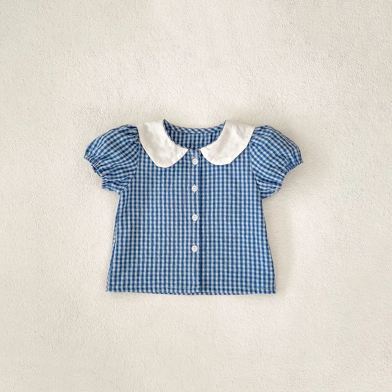 2024 Summer Baby Girl Clothes Set 0-3Years Newborn Kids Short Sleeve Bunny Collar Plaid Shirt Tops+Bloomers Shorts 2PCS Outfits image 2
