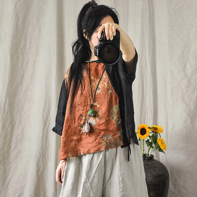 Donne di stile cinese Casual T-shirt di lino Nuovo arrivo 2025 Estate Vintage O-Collo Patchwork Stampa Allentato Femminile Magliette e camicette Tees M1364