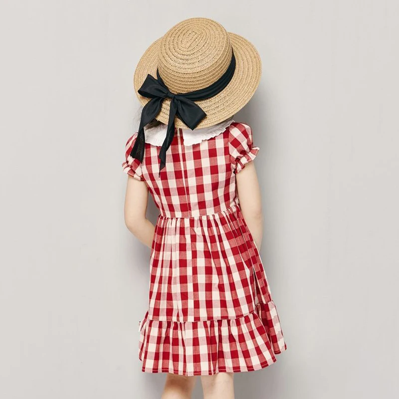 2024 New Girls Summer Dress Red Plaid Print Sweet Dresses Loose Doll Collar Cute Vestidos Princess Style Short Sleeve Elbise