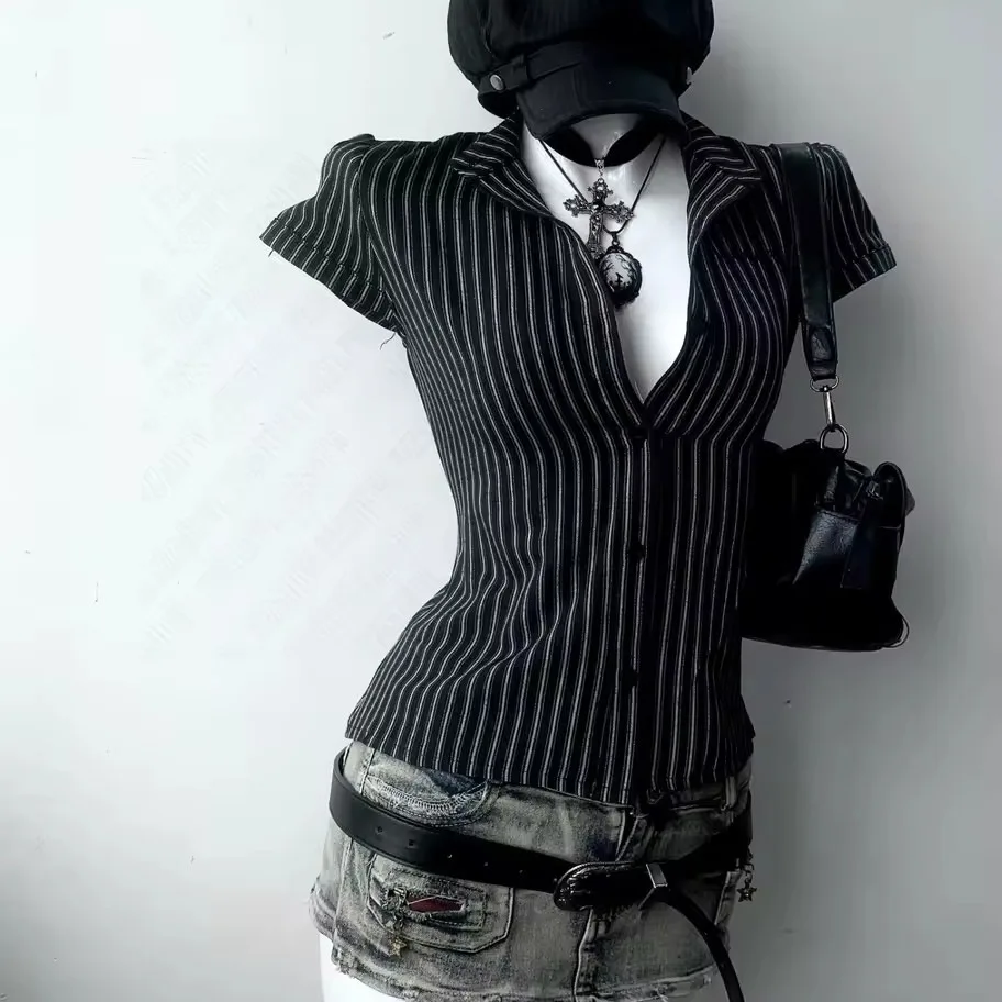 

2026 New Summer Women's French Style Striped Lapel Button Down Shirt Elegant Commute Casual Fashion Blouse Tops