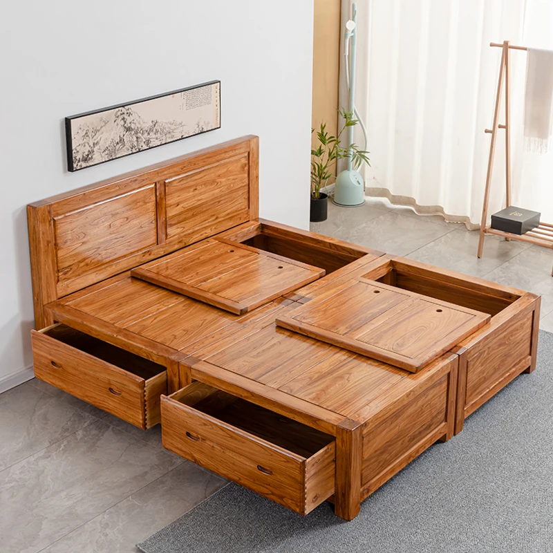 Tatami mortise and tenon structure, no bedside double drawer, high box storage box body from the floor, solid wood bed