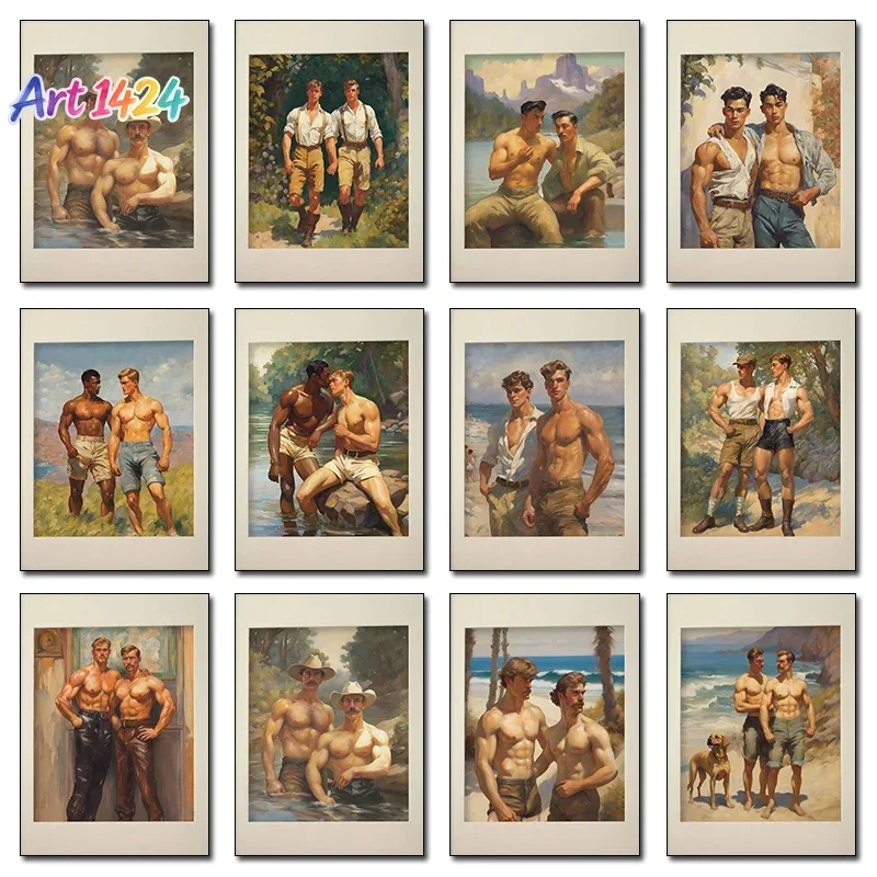 Vintage Muscular Man Gay Male Body Kiss Forest Walk Poster Print Wall Art Pictures Canvas Painting Room Bedroom Home Decor Gift