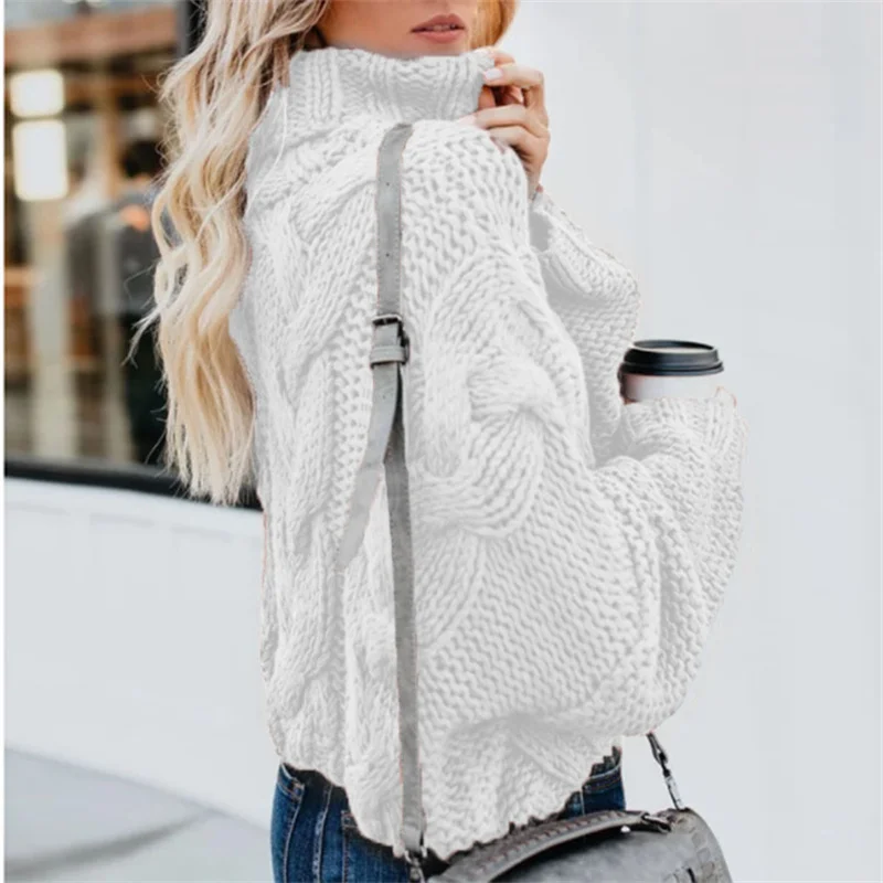 Womens Soft Comfy Cable Knit Turtleneck Pullover Sweaters  Turtle Cowl Neck Solid Color Loose Long-sleeved Twist Short Sweater