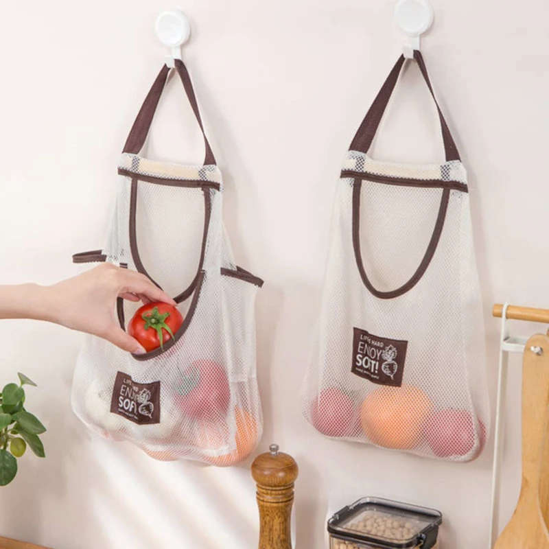 Reusable Hanging Storage Mesh Bags Durable & Strong Mesh Bags/Storage Tote Bags For Garlics, Potatoes, Onions Or Garbage Bag