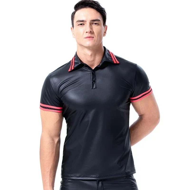 2020 sexy men's fun patent leather black T-shirt tops tees men wet look fetish latex shirts DS nightclub catsuit exotic T shirts