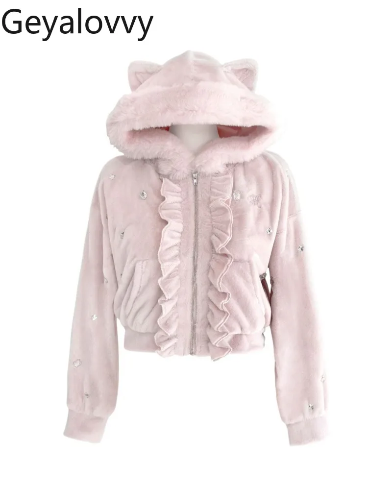 

Sweet Cute Girls Versatile Cat Ear Hooded Plush Jacket Autumn Winter Ruffled Rhinestone Short Zipper Coat for Women