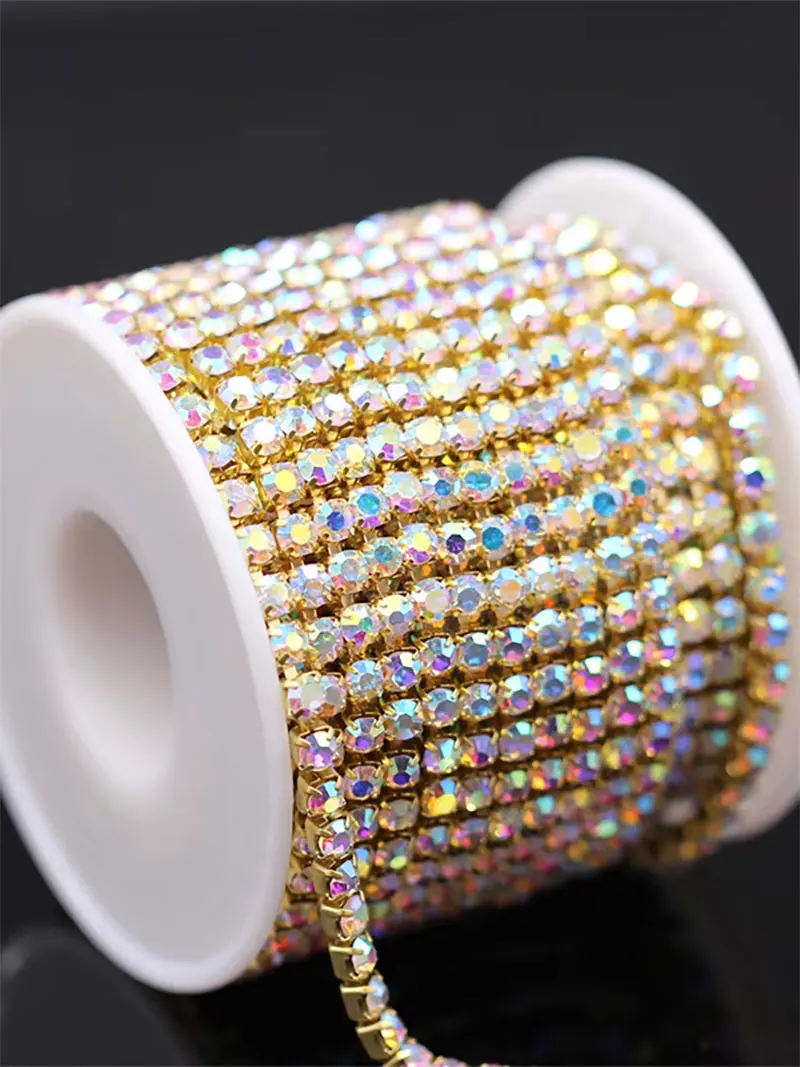 10Yrads ss6-ss18  dense Crystal ab  in gold plated base close rhinestone Cup chain for clothing ornament accessories