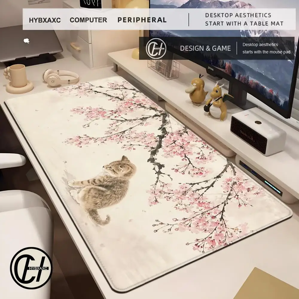 HYBXAXC Mouse Pad Gamer Kitten under Sakura Tree printon demand HD New Mousepad XL keyboard pad Non-Slip Soft Office Accessories