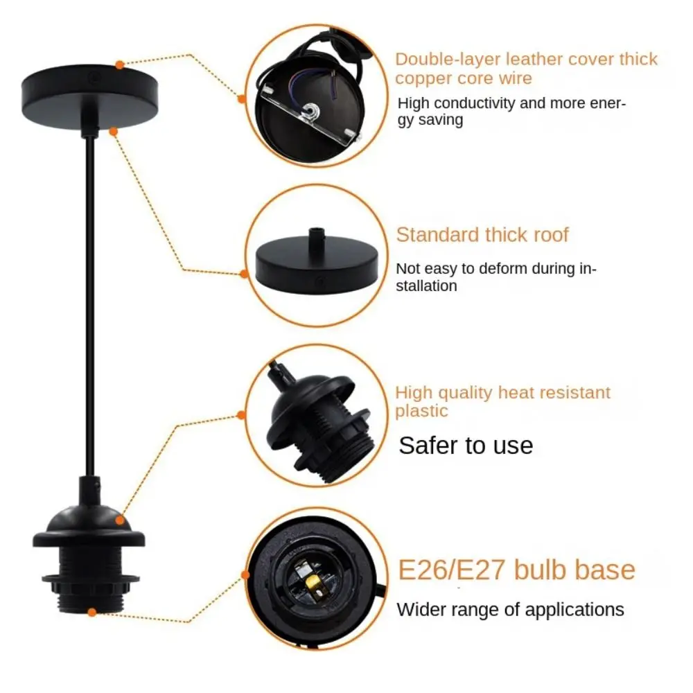 Portalampada a sospensione a vite E27 con cavo da 1M Base paralume a conchiglia in plastica Base per lampada da soffitto a mezzo dente bianco nero