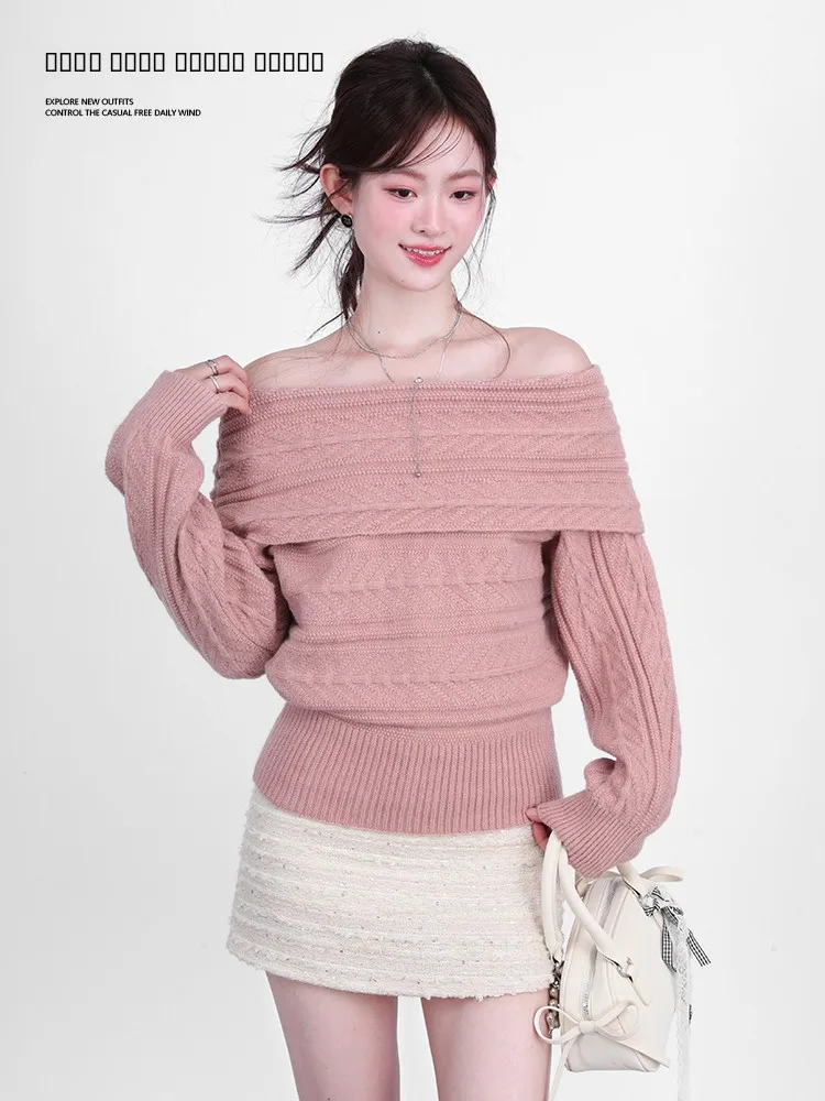 

Sweet Pink Twisted Knit Sweater oulder Bared Loose Women's Sle Casual Faion Winter Season Long Sve ort Length