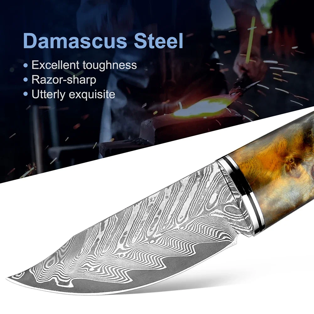 Damascus Steel Outdoors Knife Handmade Camping Straight Knife High Hardness Pocket Knife Sharp Fruit Knife with Leather Sheath