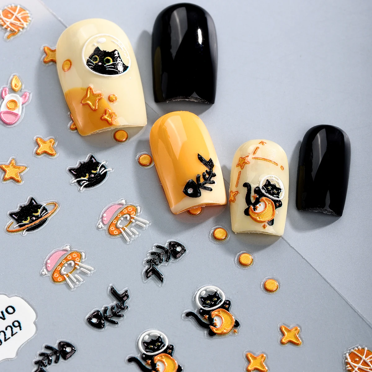 

5D Cartoon Black Cat Nail Art Stickers Relief Cute Animal Star Design Self-Adhesive Nail Sticker DIY Manicure Decoration Decal