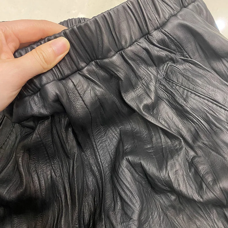 Leather Pants Women 2024 Quality Sheepskin Black Pleated Outer Wear Elastic Waist Harem Trousers Folded Pantalon Pour Femme