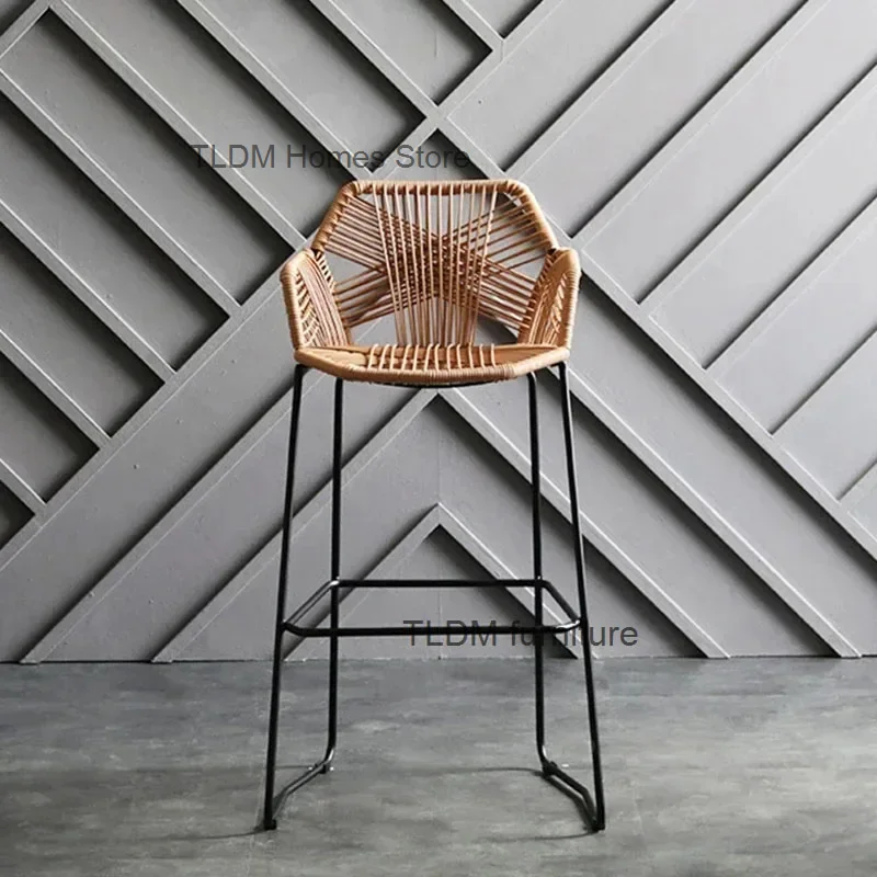 

Modern Wrought Iron Bar Chairs High Stools for Kitchen Nordic Bar Furniture PP Rattan Back Home Cafe Outdoor Restaurant Armchair