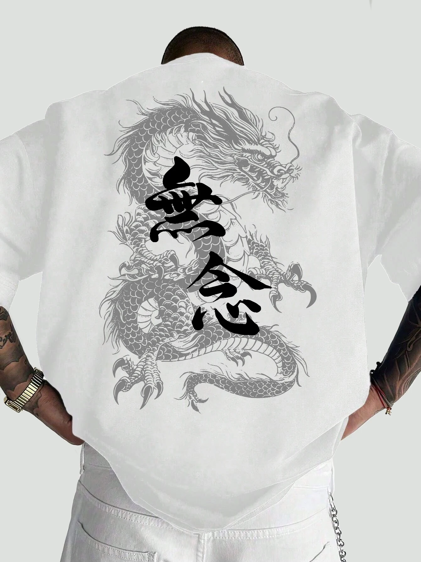 Men Oversized T-Shirt Grey Chinese Dragon Ink Sketch Wu Nian Calligraphy Back Print Oriental Streetwear Loose Tee