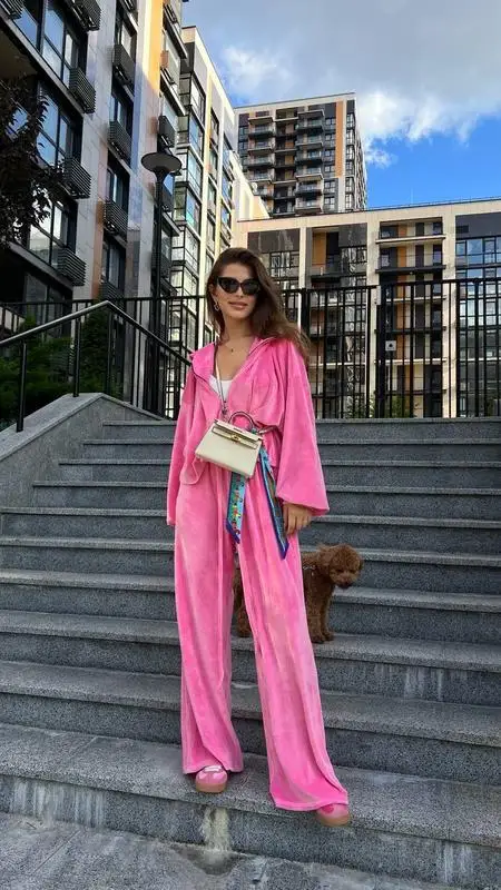 

Gold Velvet Zipper Dstring Pants Set Women's Faion Ensemble Summer 2023 Polyester Fabric Long Pants Top Bot Set