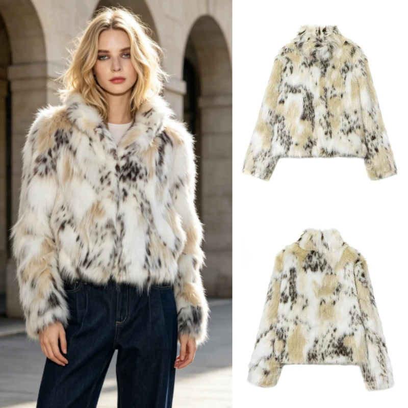 Women's Jacket Coat 2026 Printed Leopard Faux Fur Fluffy Suede Thick High Neck Hidden Button Warm Outdoor Casual Coat