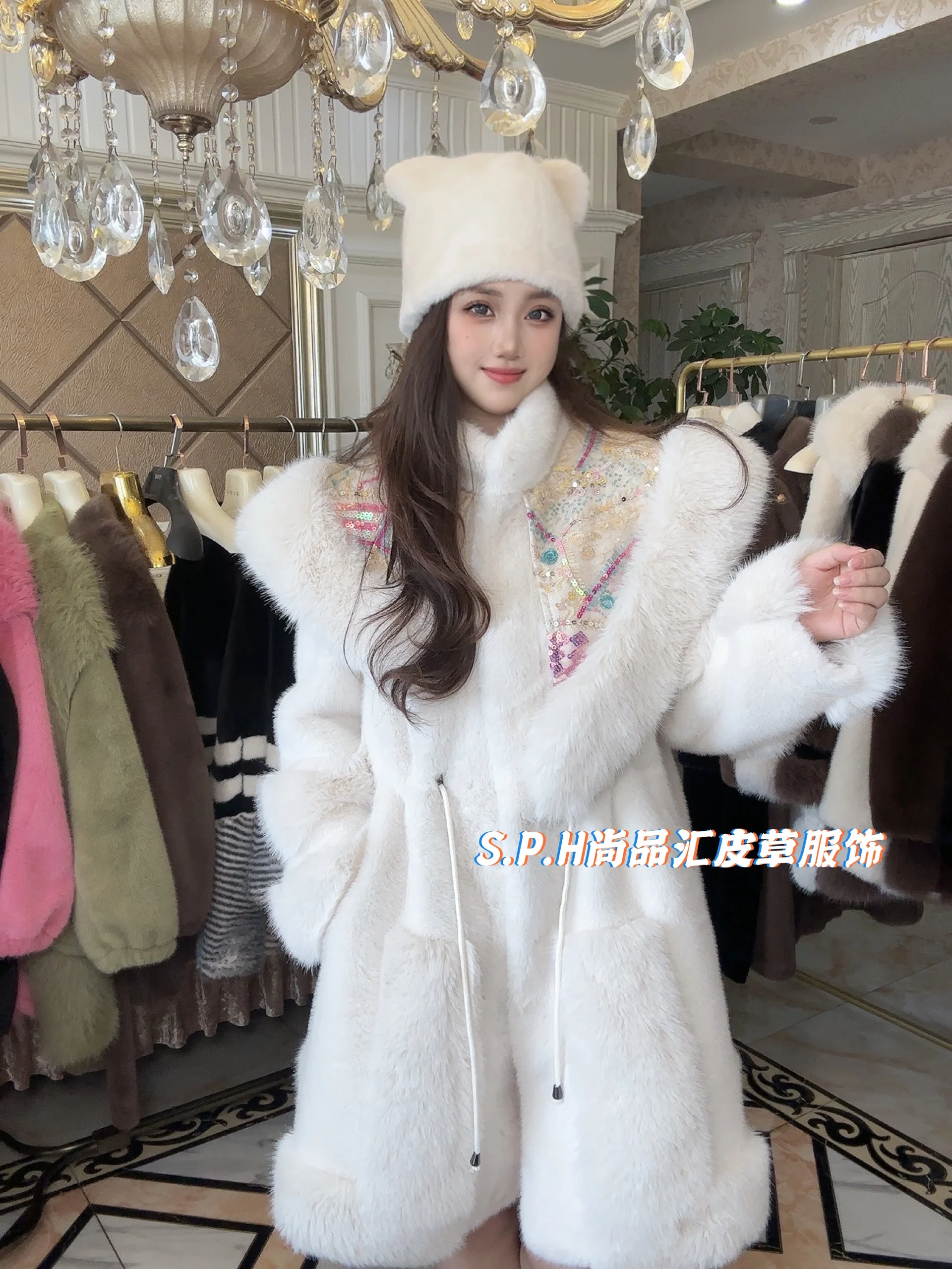 Fashionable Stand Collar Shawl Long Sleeve Mink Fur Coat Women 2023 Winter Fur Thicken Warm Sequin Fashion Faux Fur Coat Female