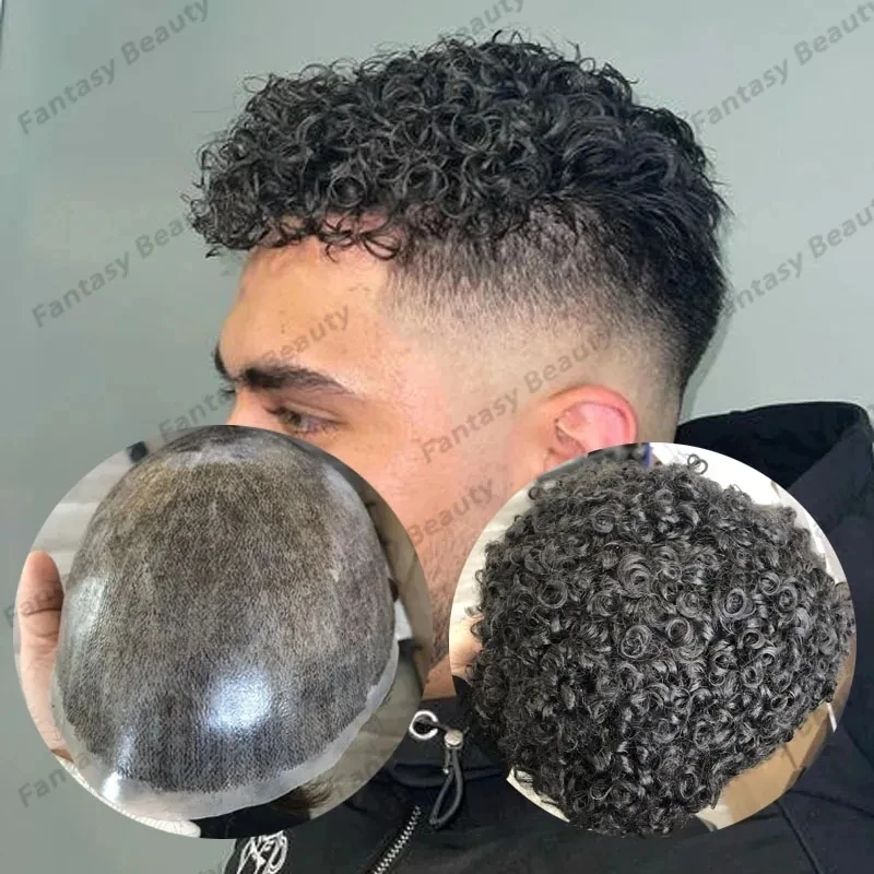 15mm Afro Curly Mens Toupee Black Super Durable Human Hair African American Wig Thin Skin Full PU Microskin Capillary Prosthesis