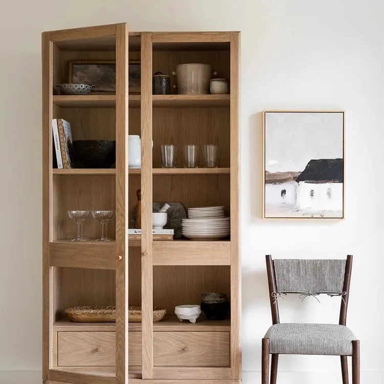 

French solid wood retro glass door bookcase dining side wine cabinet American oak log color display cabinet storage cabinet