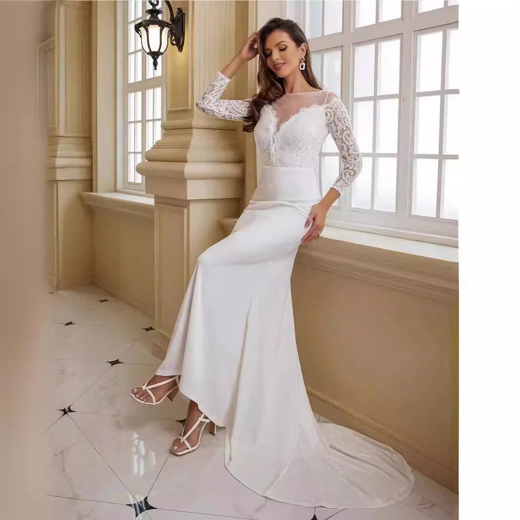 Women Clothing Long Sleeve Lace Trailing White Wedding Banquet Dress Sexy Slim Floor Length Dress