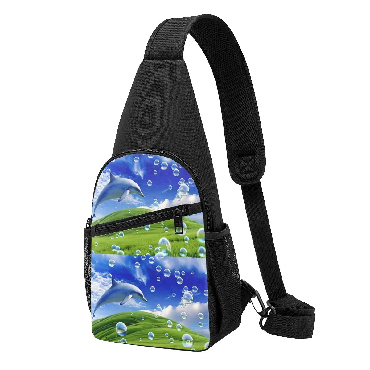 

Frutiger Aero Dolphin Y2k Meadow With Bubbles And Mountains And Sky Sling Crossbody Backpack Chest Bag Daypack Shoulder Bag
