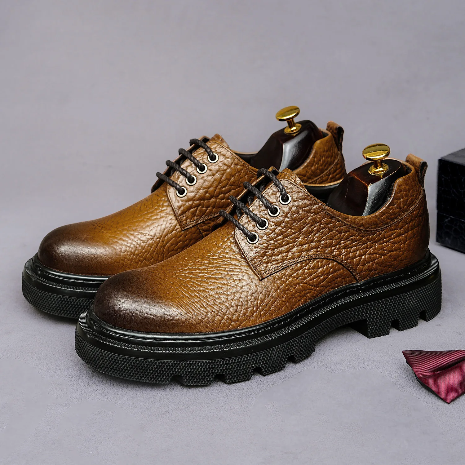 Retro Full Grain Genuine Leather Lace Up Derby Shoes Rugged Thick Lug Sole Footwear Simple Round Toe Design Casual Formal Shoes