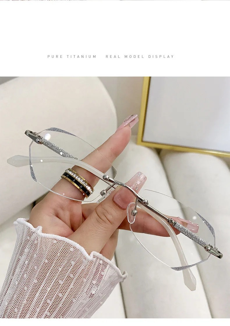 2025, neue Damen-Lesebrille, hochwertig, randlos, blockiert blaues Licht, Farbverlauf, Anti-Blulet, Brille, modische Lesebrille – Detail 3