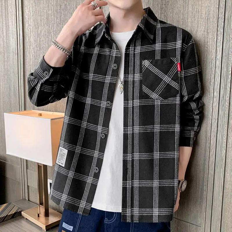 Frühling Herbst Neue Mode drehen-unten Kragen Langarm Plaid Bluse männer Kleidung Koreanische Taste Trend Casual Alle-spiel Shirts