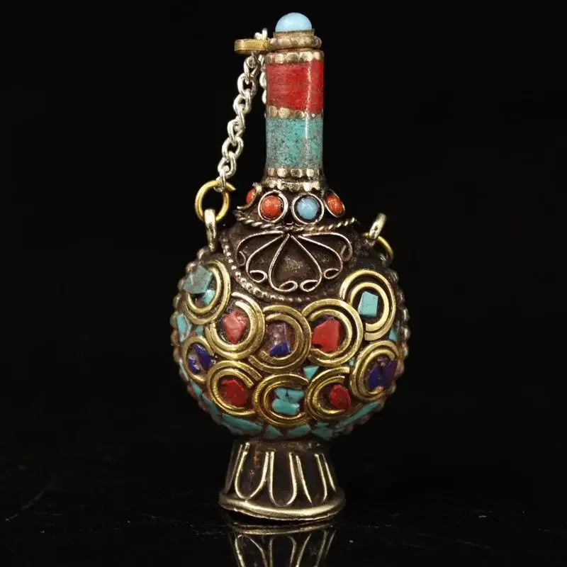 

Chinese Old Antique Brass Inlaid Gemstone Chinese Snuff Bottle Crafts